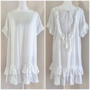 Mulla Open Back Fringe White Boho Ruffle Hem Dress Size S